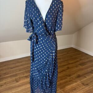En Crème Blue & Gold Metallic Wrap Midi Dress ✨ Boho Glam Ruffle Hem Size M